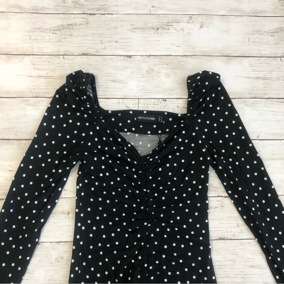 NEW! PRETTYLITTLETHING Women Black Polka Dot Print Long Sleeve Mini Dress Sz 4 - Picture 3 of 14